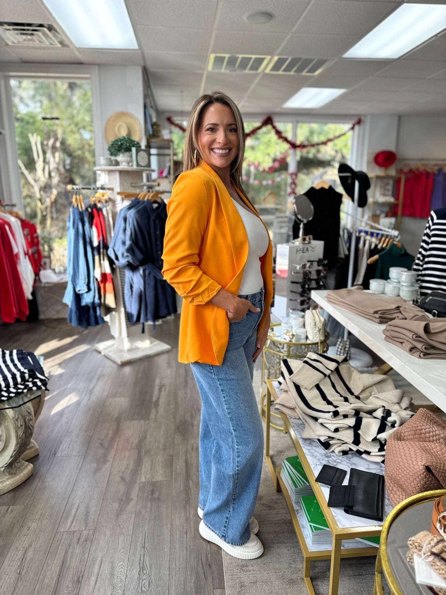 Italian Ruched Sleeve Blazer - Apricot - KJ Clothier