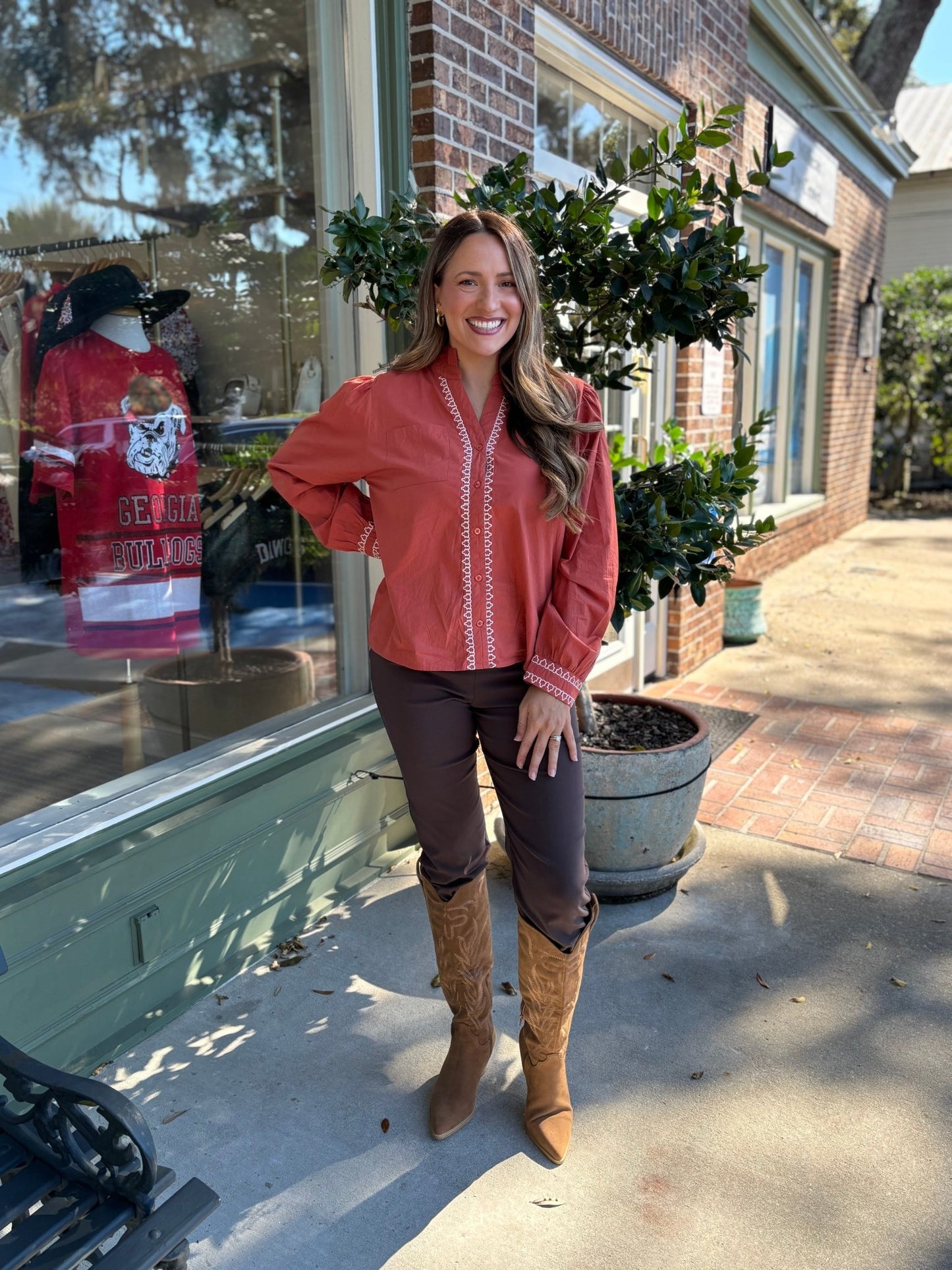 Long Sleeve Embroidered Detail Button Up Top - Rust - KJ Clothier