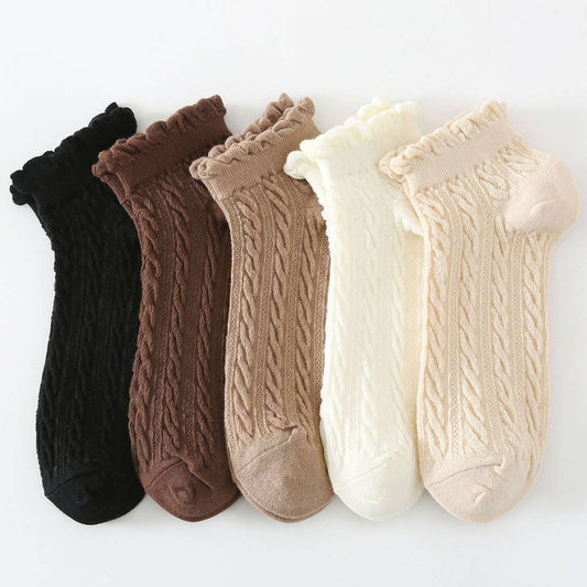 Mesh Retro Twist Ruffle Ankle Socks - Coffee - KJ Clothier