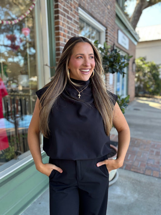 Mock Neck Balloon Top - Black - KJ Clothier