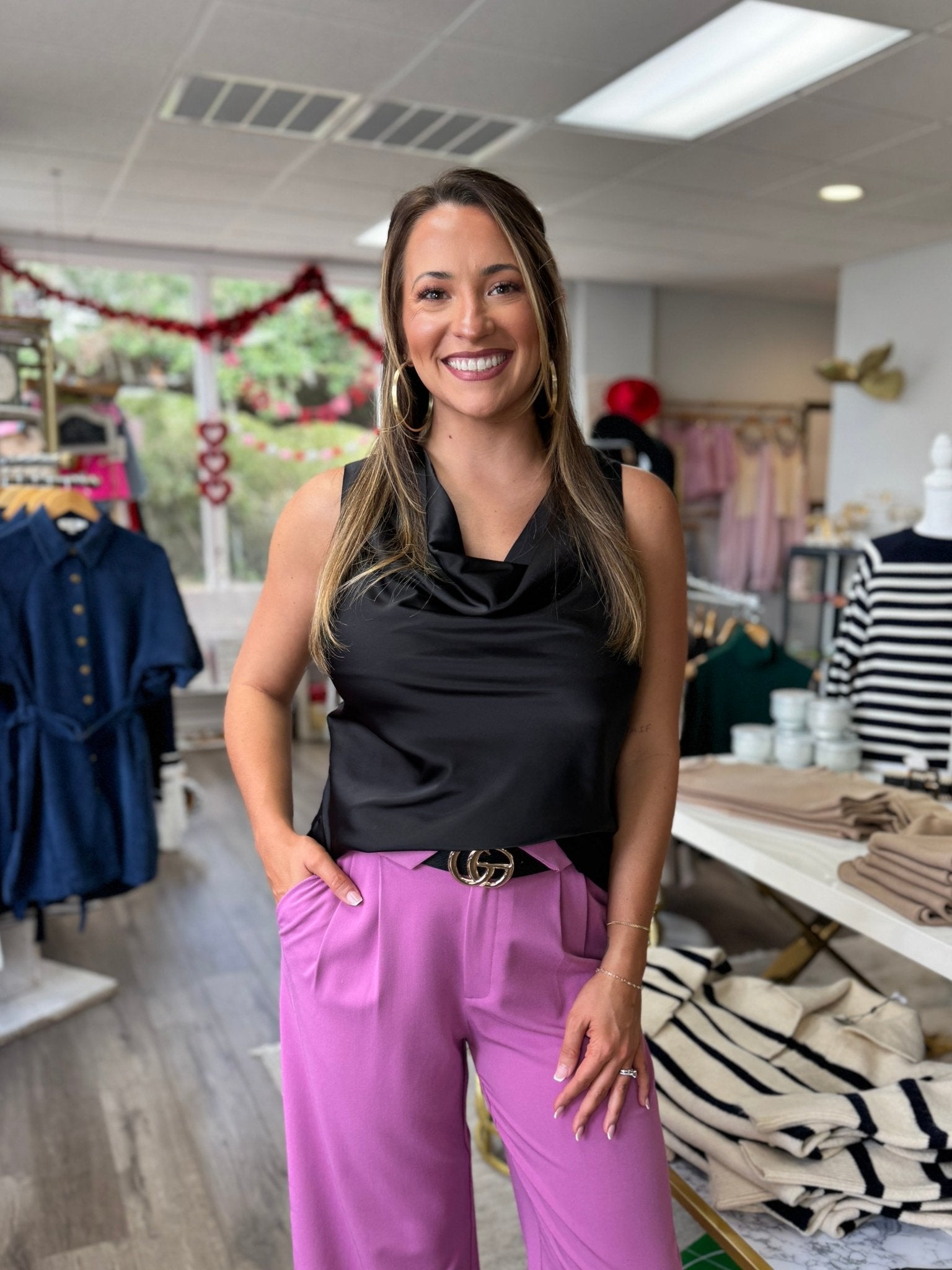 Molly Bracken - Satin Cowl Neck Top - Black - KJ Clothier