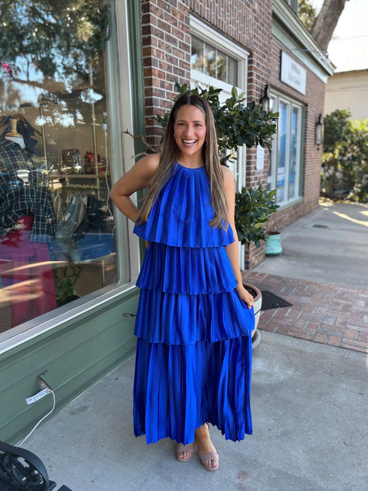 Pleated Satin Tiered Maxi Dress - Royal Blue - KJ Clothier