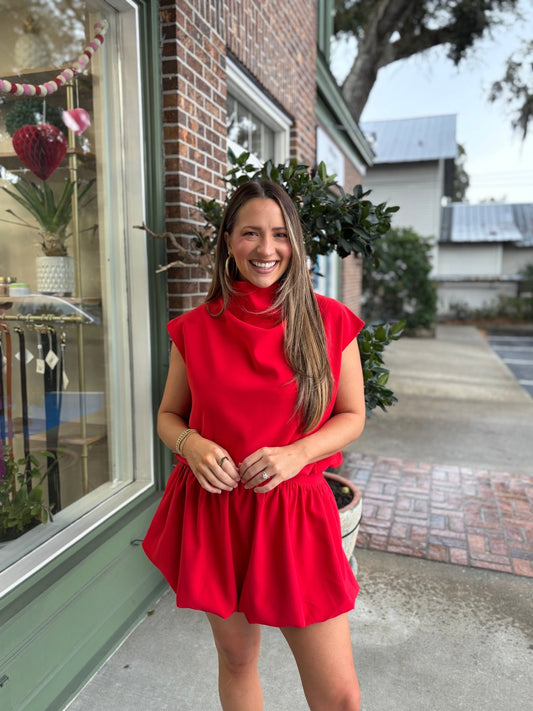 PRE - ORDER - Mock Neck Balloon Top - Red - KJ Clothier