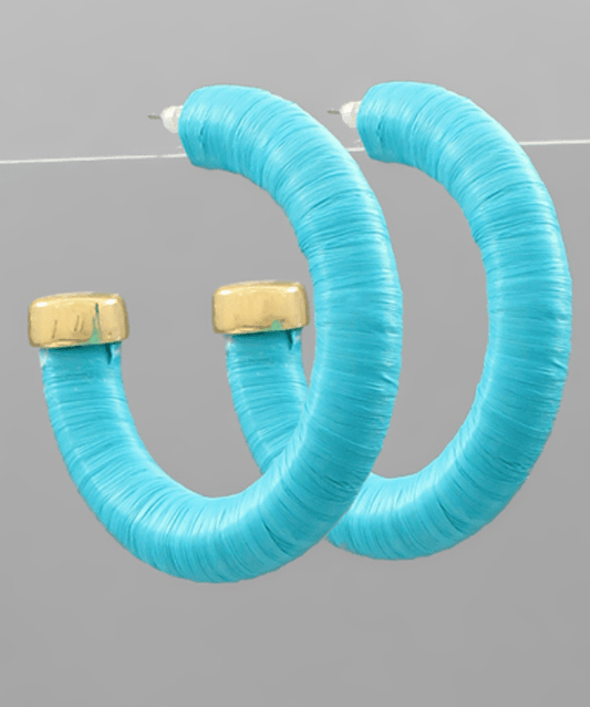 Raffia Wrapped Metal End Hoop Earrings - Turquoise - KJ Clothier