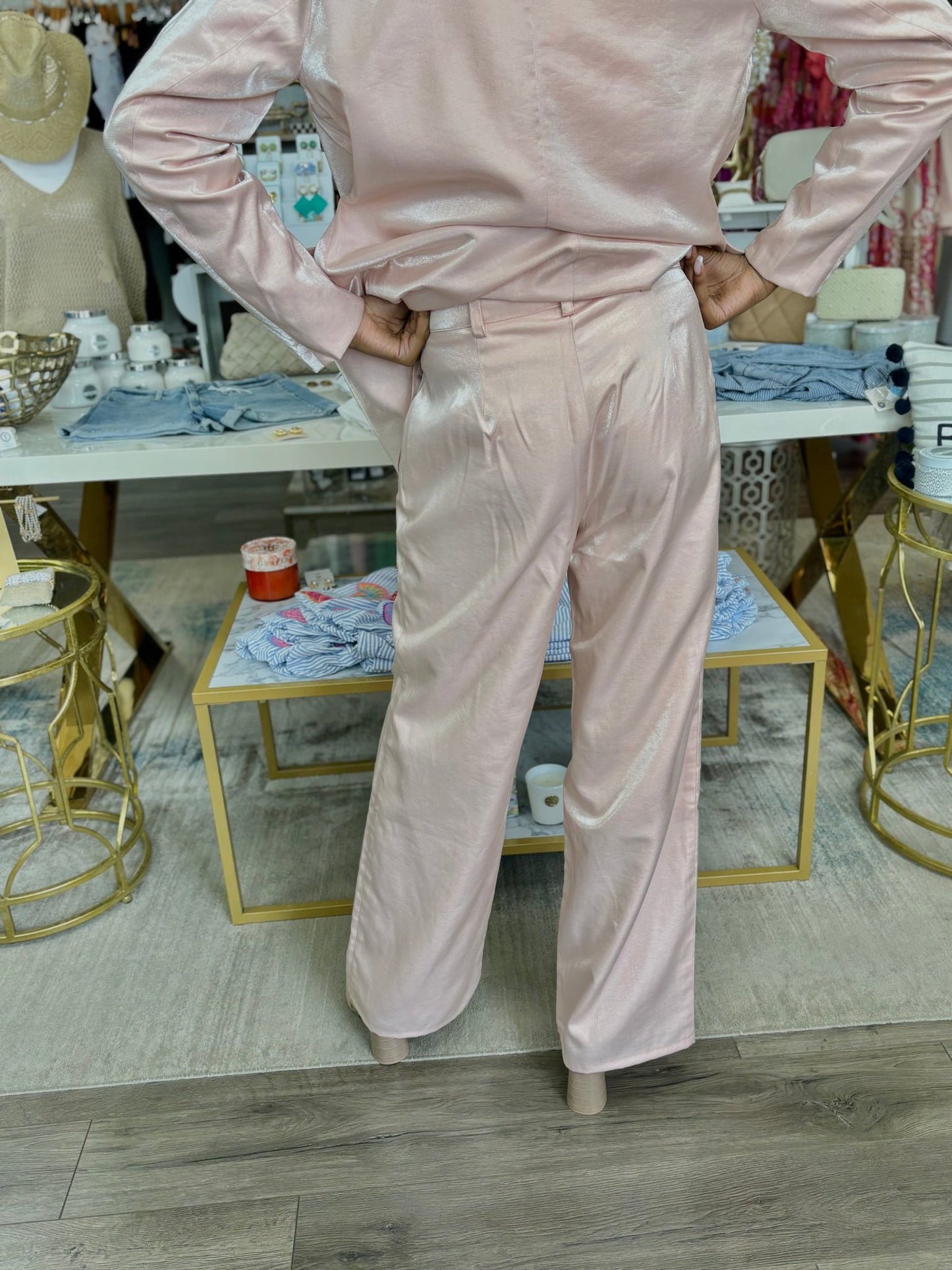 Satin Shimmer Pant - Light Pink - KJ Clothier