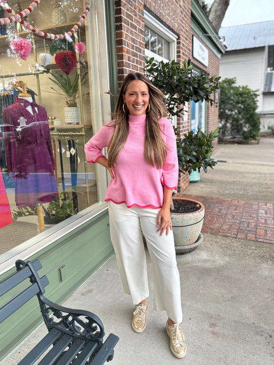 Scallop Edge Audrey Sweater - Pink - KJ Clothier