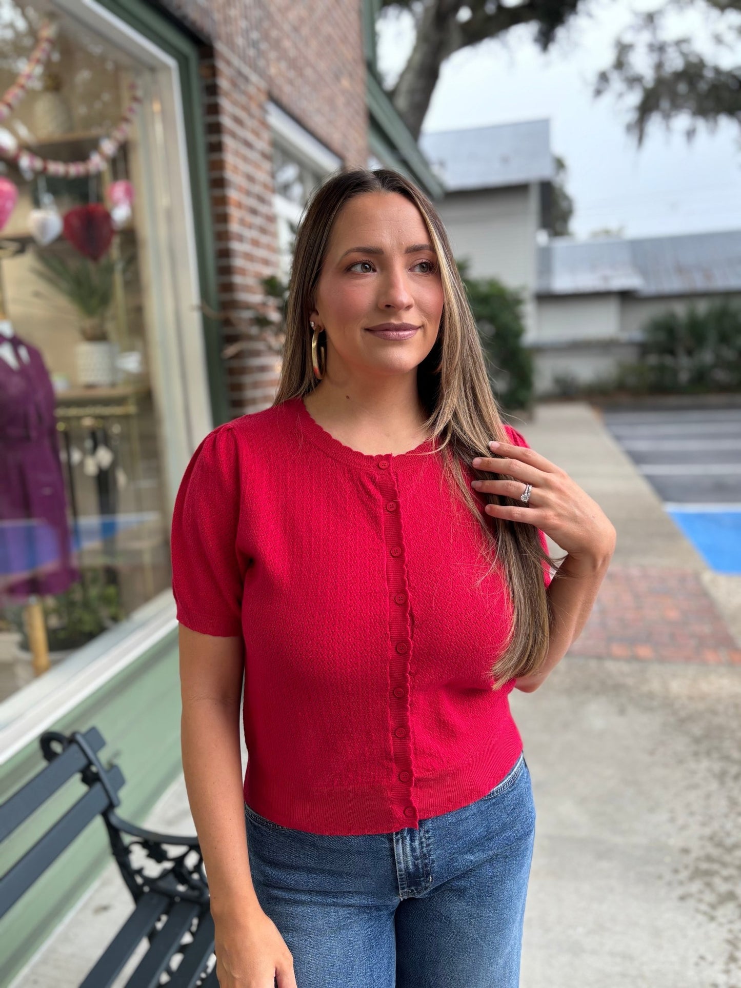 Scalloped Cardigan - Red - KJ Clothier