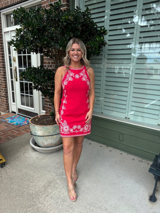 Scarlett Embroidered Detail Dress - Red - KJ Clothier