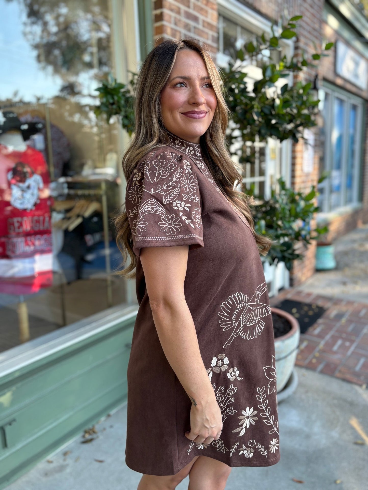 Short Sleeve Embroidered Detail Dress - Brown - KJ Clothier