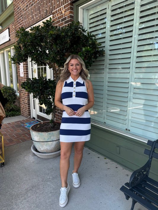 Show Me Your MuMu - Zoe Button Down Dress - Sailor Blue Stripe Knit - KJ Clothier
