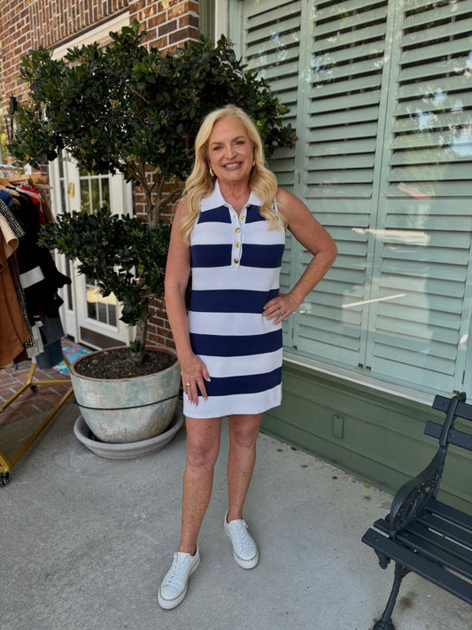 Show Me Your MuMu - Zoe Button Down Dress - Sailor Blue Stripe Knit - KJ Clothier