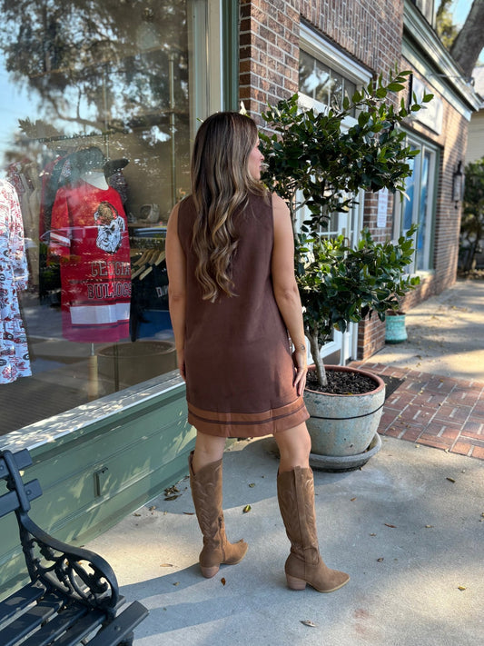 Sleeveless Suede Dress - Brown - KJ Clothier