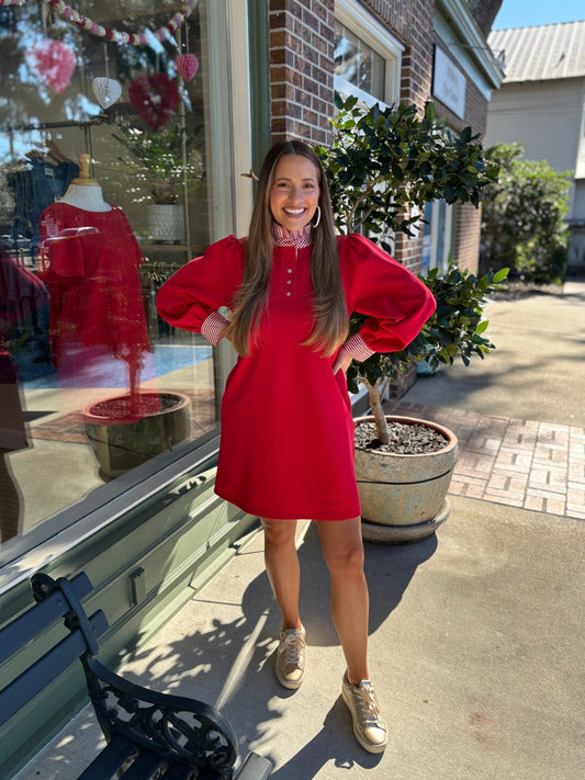 Stripe Solid Shift Dress - Red - KJ Clothier