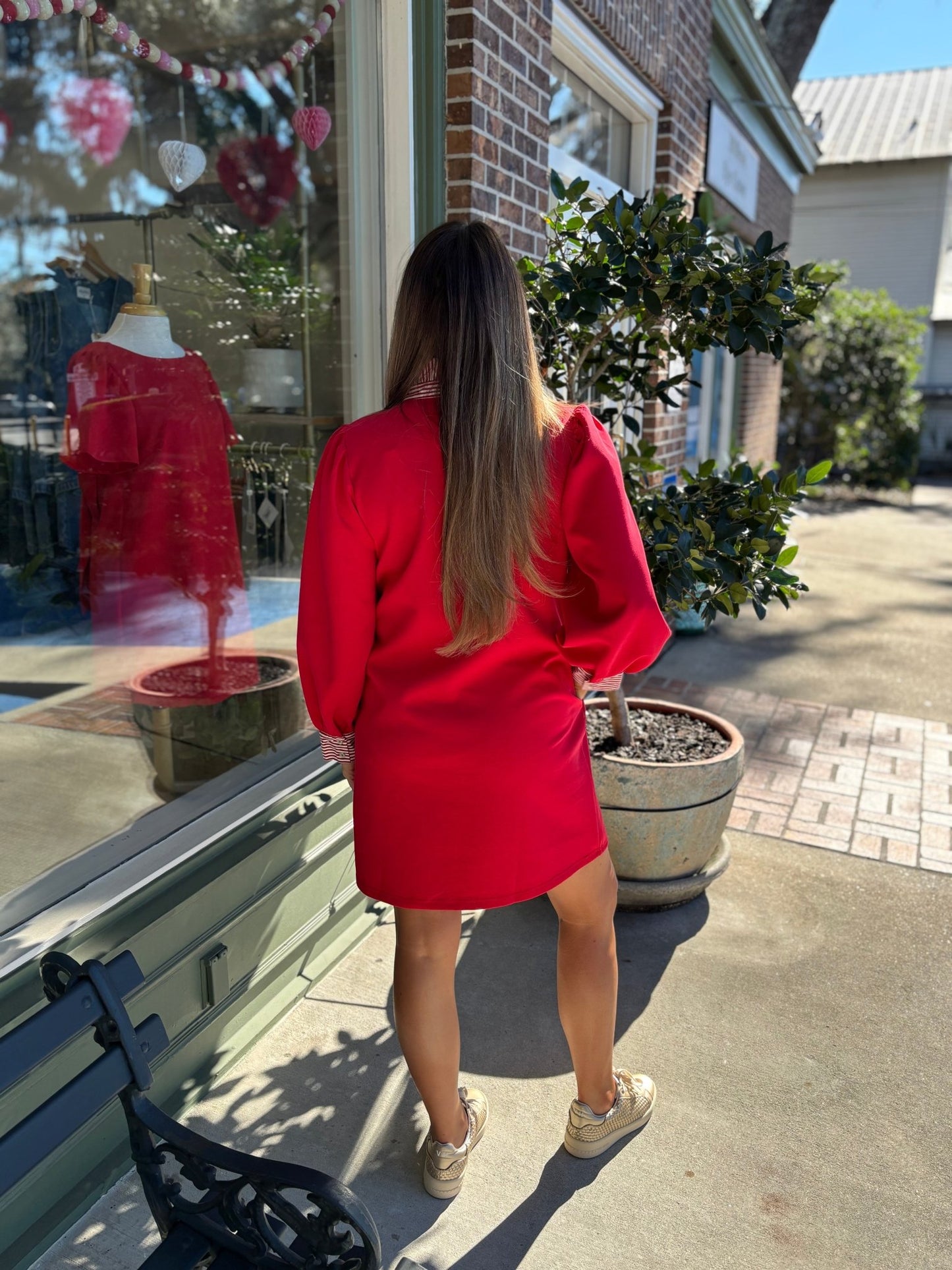 Stripe Solid Shift Dress - Red - KJ Clothier