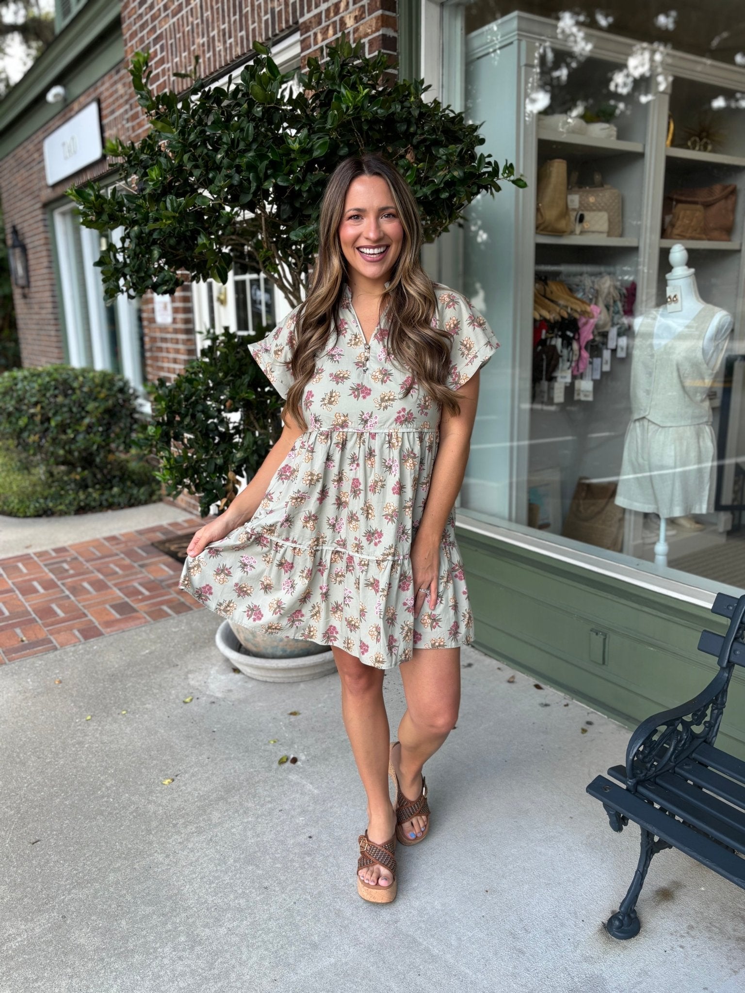 Tiered Floral Dress - Sage - KJ Clothier