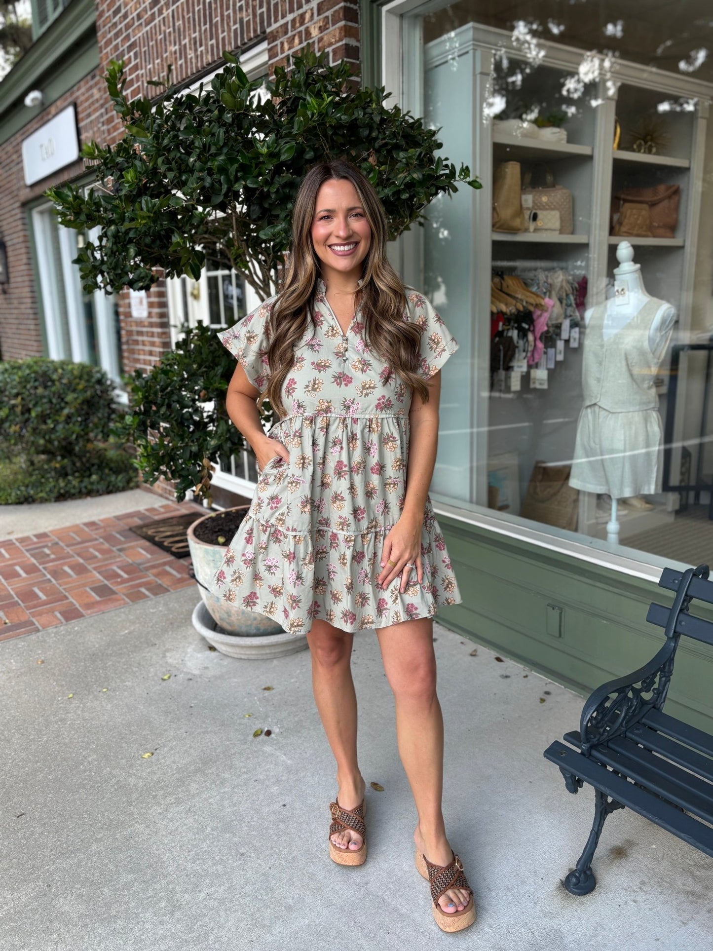 Tiered Floral Dress - Sage - KJ Clothier