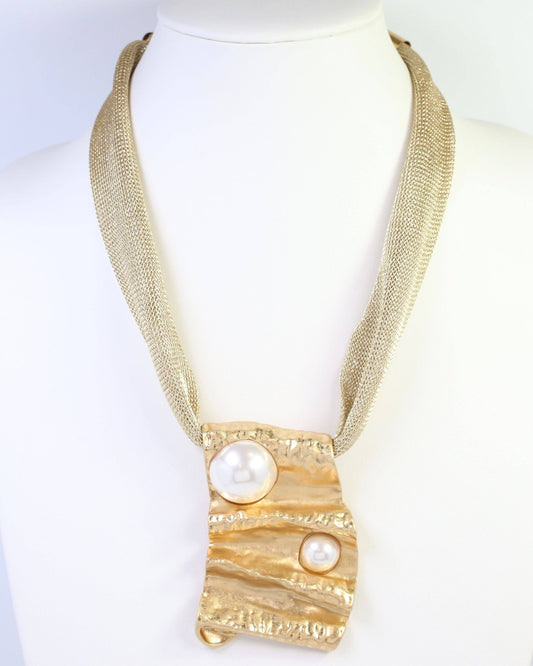 Troy Mesh Pearl Statement Necklace - Gold - KJ Clothier