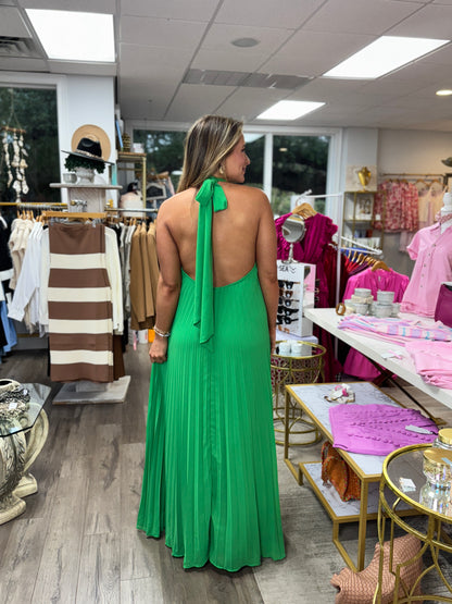 Lavish Pleated Halter Maxi - Kelly Green