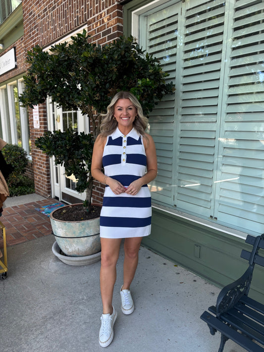 Show Me Your MuMu - Zoe Button Down Dress - Sailor Blue Stripe Knit