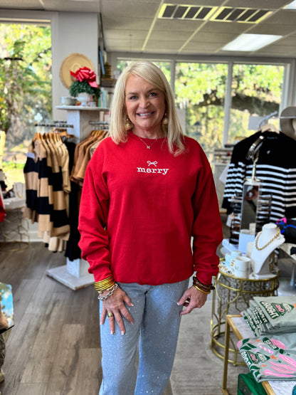 PRE-ORDER: Merry Embroidered Bow Sweatshirt - Red