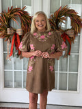 Suede Floral Embroidered Dress - Brown