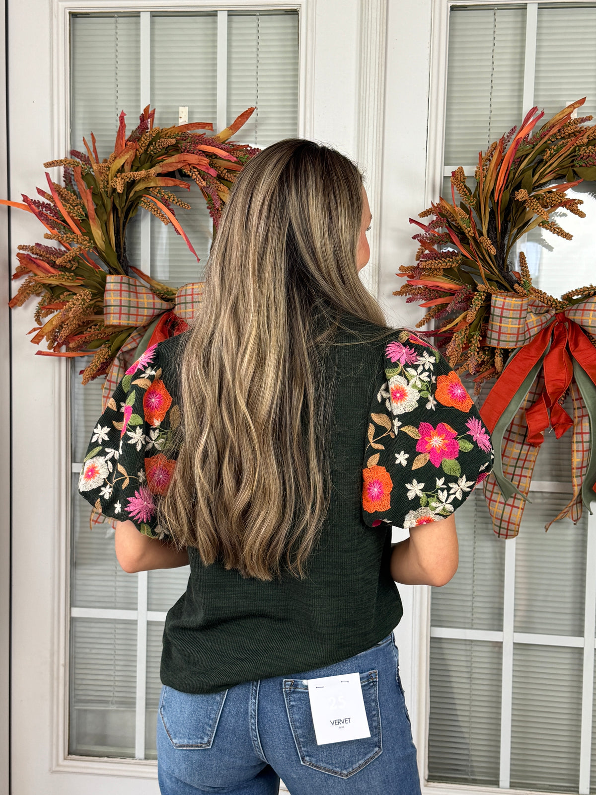 Floral Embroidered Puff Sleeve V-Neck Top - Green