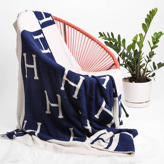 Initial Monogram H Patterned Reversible Throw Blanket - Navy