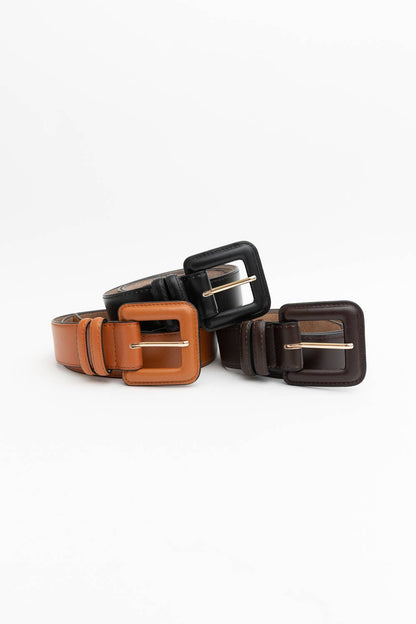 Genuine Leather Square Buckle Belt: Cognac