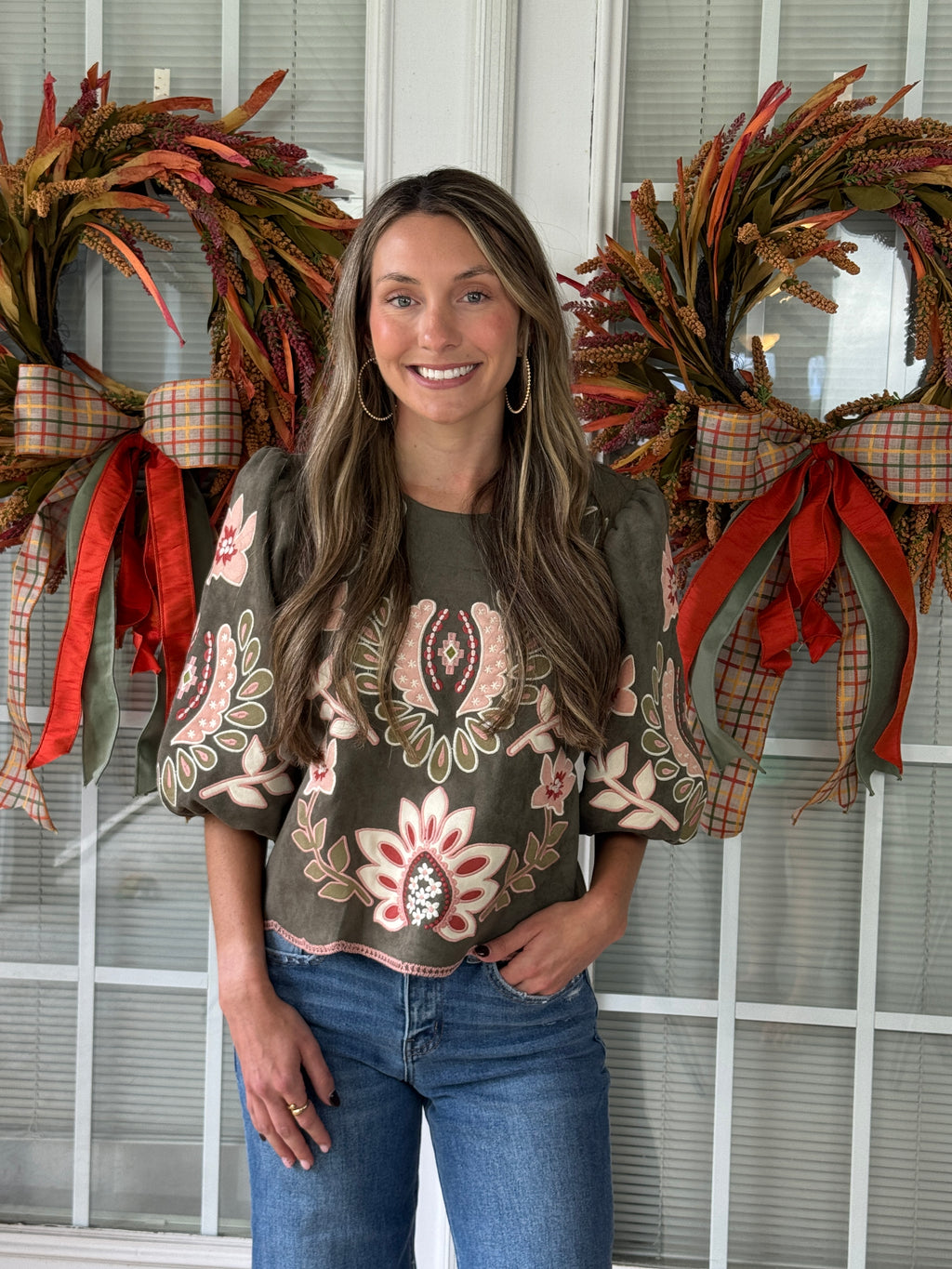 Suede Puff Sleeve Embroidered Flower Top - Olive