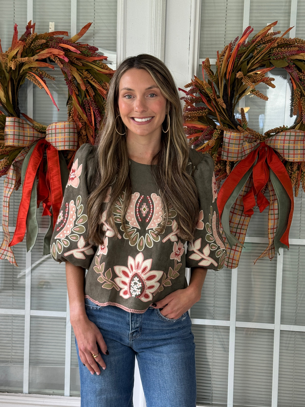 Suede Puff Sleeve Embroidered Flower Top - Olive