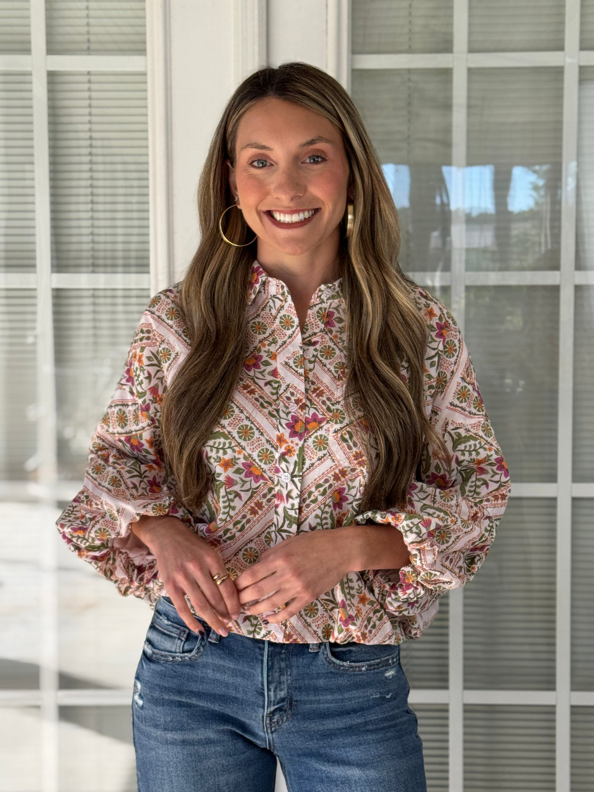Fall Floral Print Bubble Sleeve & Hem Top