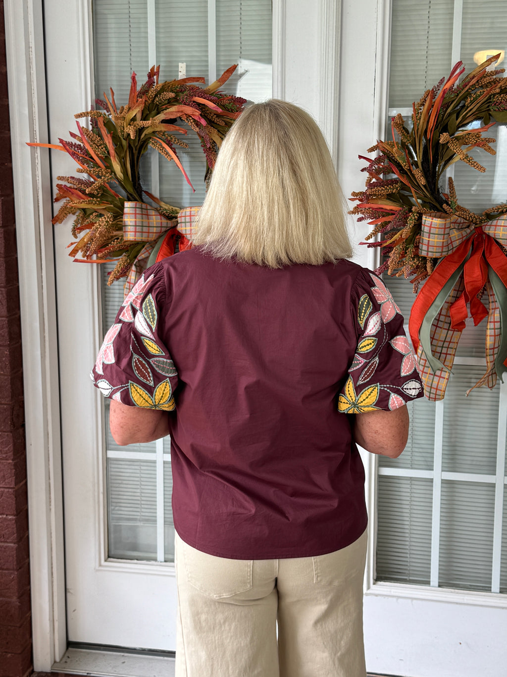 Puff Sleeve Embroidery Detail V-Neck Top - Wine