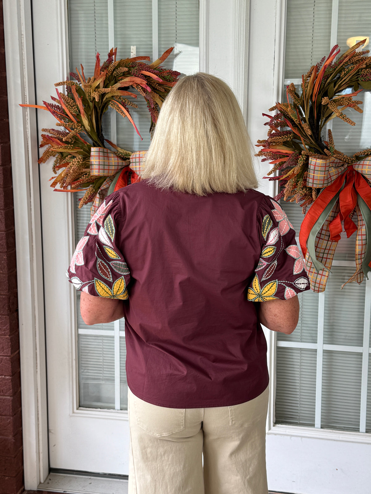 Puff Sleeve Embroidery Detail V-Neck Top - Wine