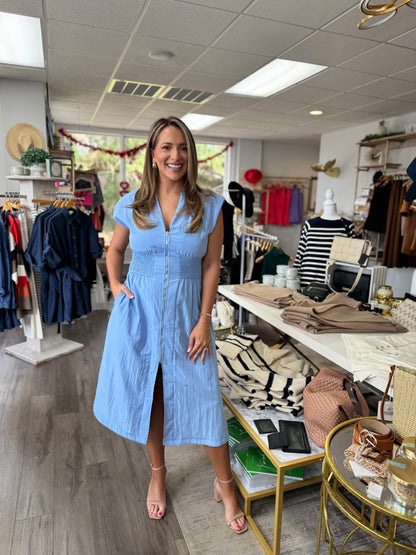 Smocked Waist Dress - Powder Blue