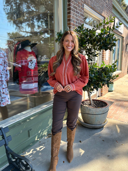 Long Sleeve Embroidered Detail Button Up Top - Rust