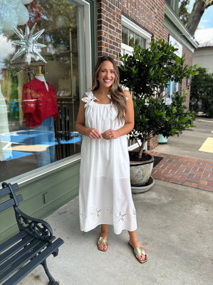 Embroidered Maxi Dress with Floral Shoulder Accents - Off White