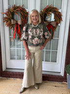 Suede Puff Sleeve Embroidered Flower Top - Olive