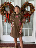 Suede Floral Embroidered Dress - Brown