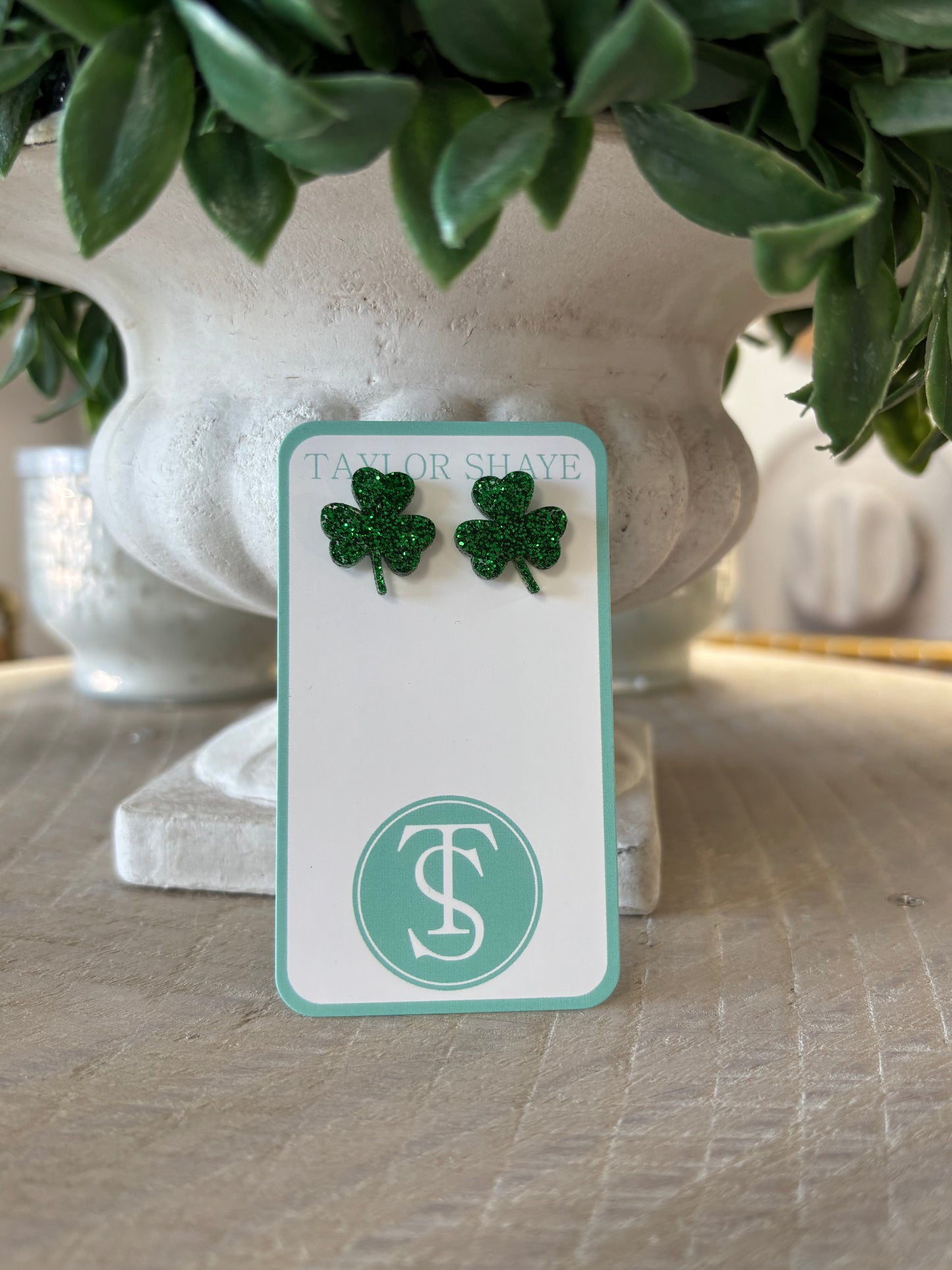 Taylor Shaye - Acrylic Clover Studs - Green Glitter