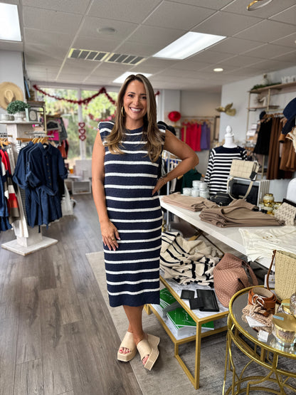 Sleeveless Textured Stripe Dress - Navy & White