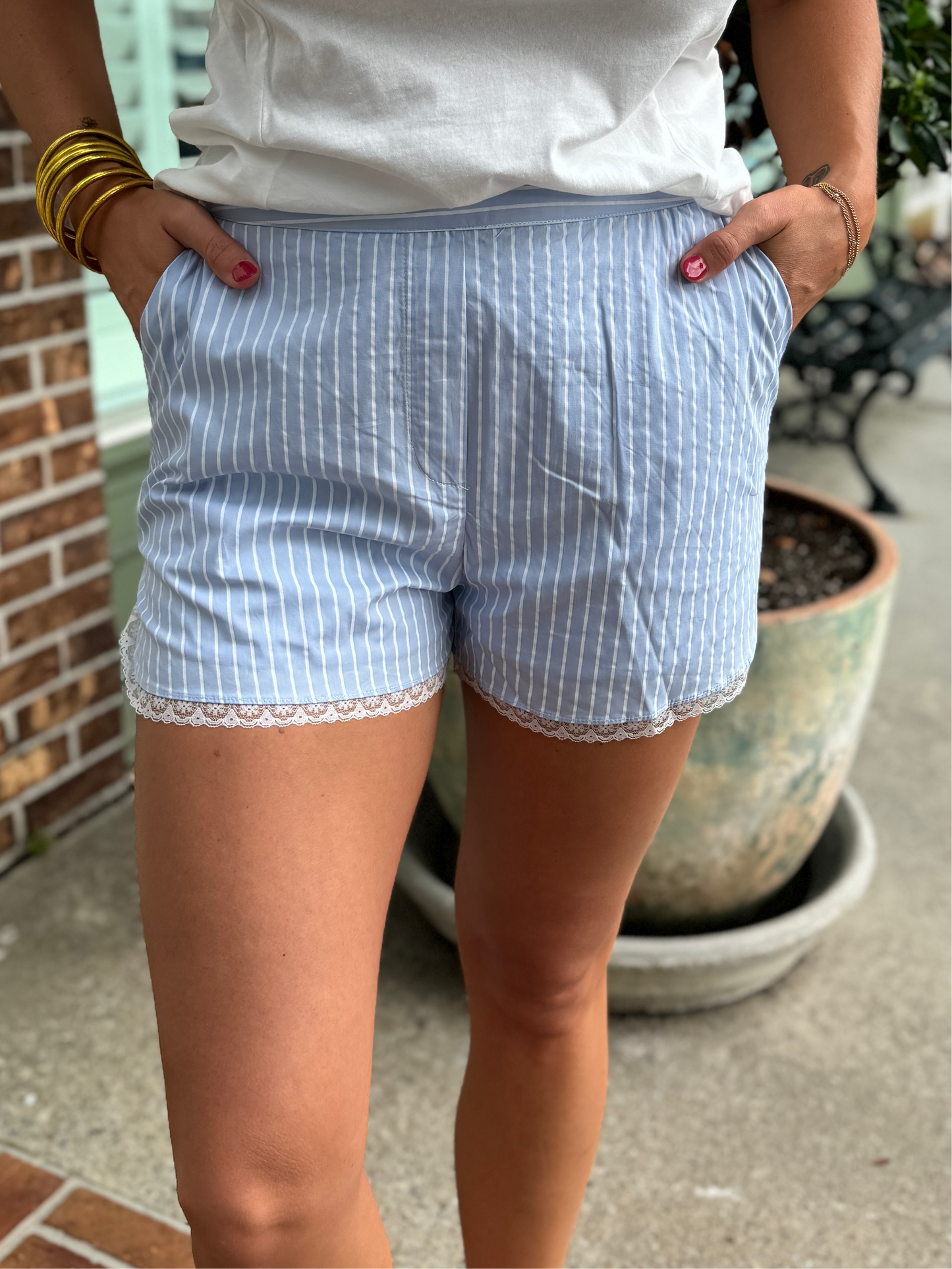 Sweet Lace Striped Shorts - Blue & White