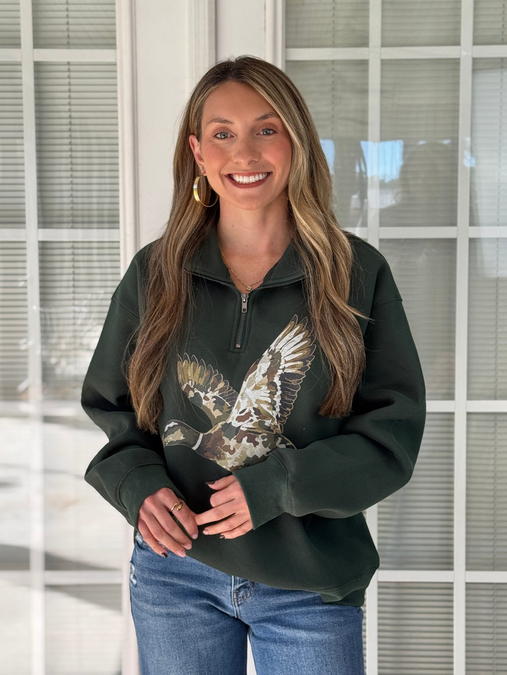 Camo Flying Mallard Print Half-Zip Sweatshirt - Hunter Green
