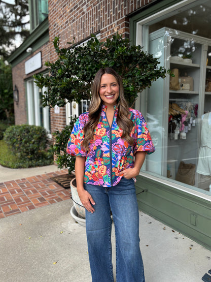 Josie V-Neck Top - Blue Floral