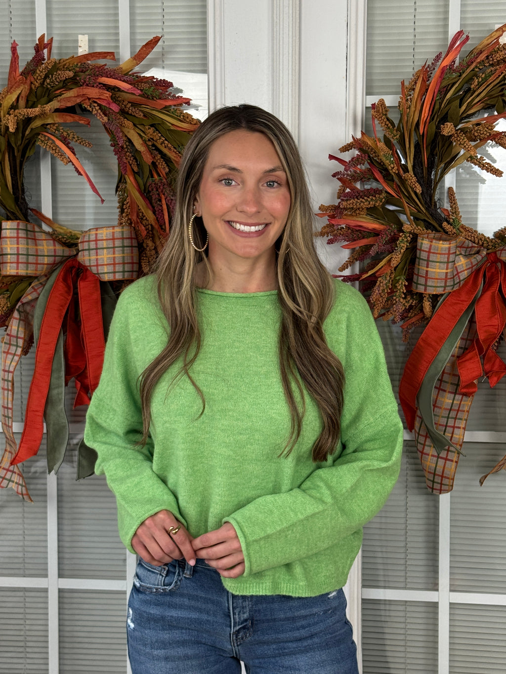 Knit Sweater Rolled Round Neck - Green