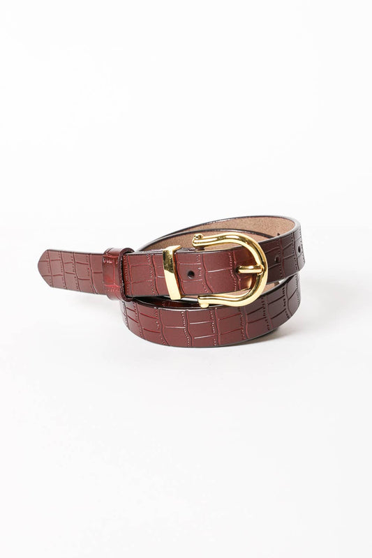 Faux Alligator Skin Leather Belt - Brown
