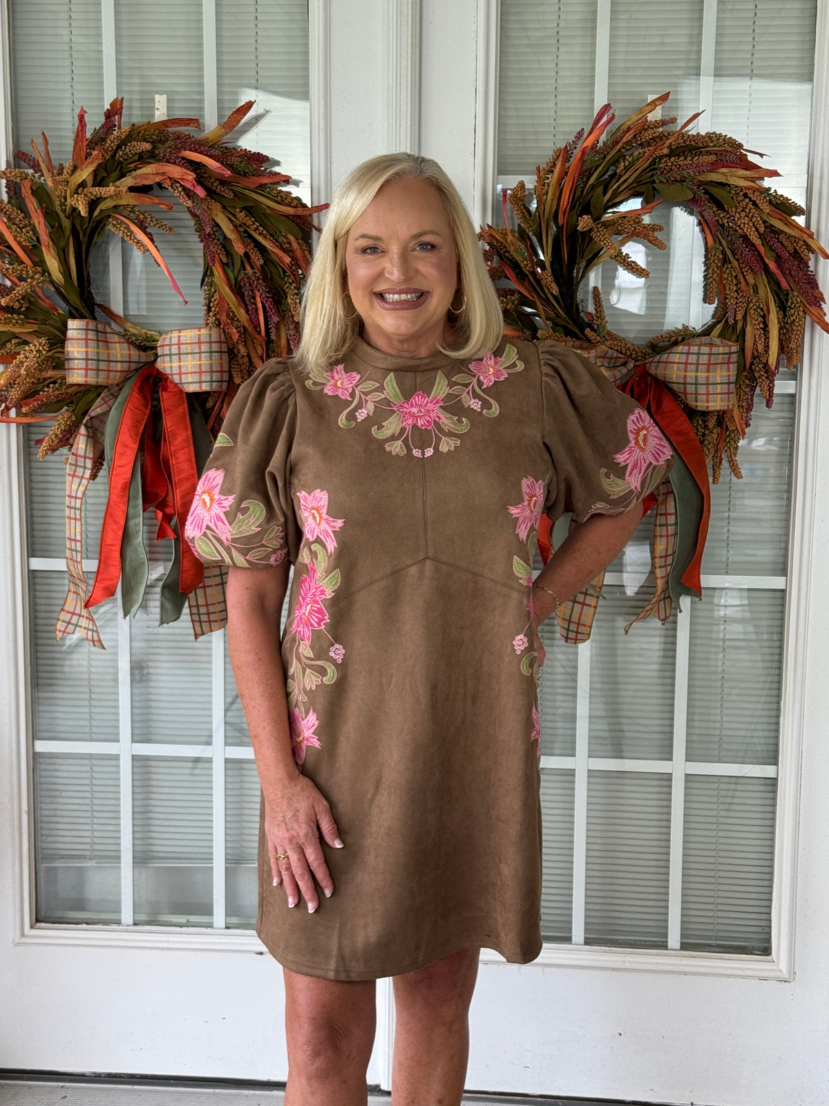 Suede Floral Embroidered Dress - Brown