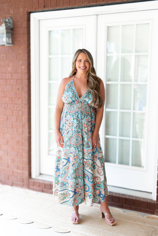 Green Blooma Satin Maxi Dress