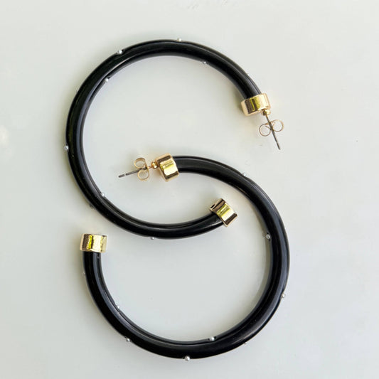 Lightweight Large Hoop Earrings - Black with Pearls