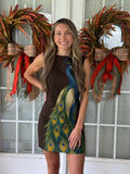 Peacock Print Mini Dress - Brown