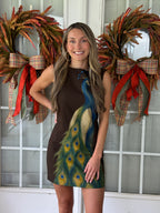 Peacock Print Mini Dress - Brown